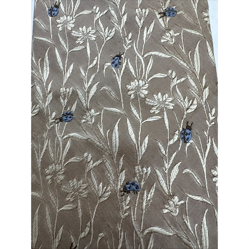 VILLA BOLGHERI Men's Silk Necktie ITALY Designer Floral Embroidery Blue Ladybugs
